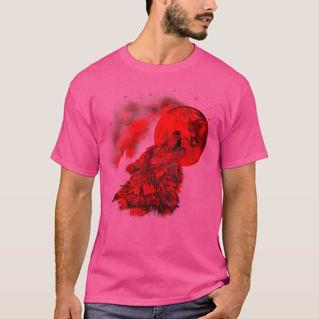 Red Varg Måne Howling Varg Gothic T Shirt (Framsida)