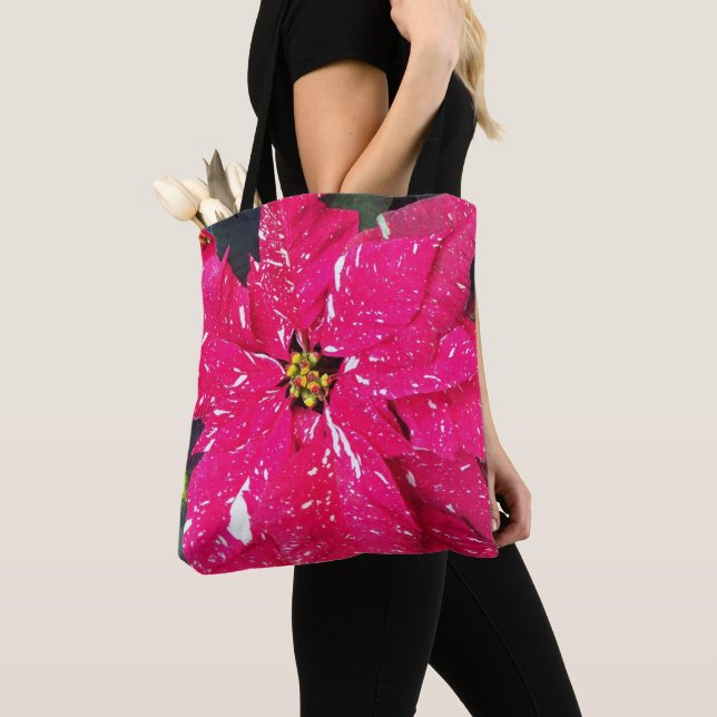 Red Variegated Poinsettia Helgdag Tote Bag Tygkasse (Närbild)