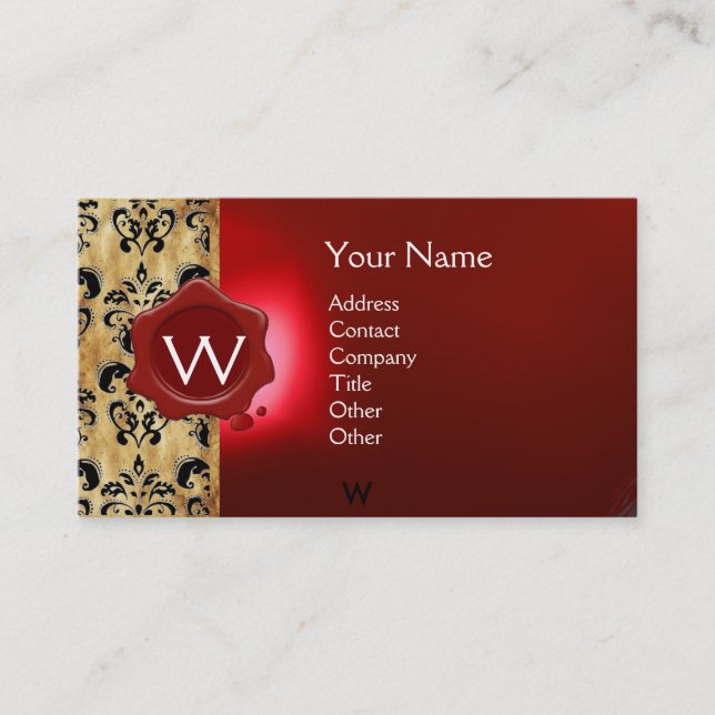 RED VAX SEAL DAMASK PARCHMENT MONOGRAM VISITKORT (Framsida)