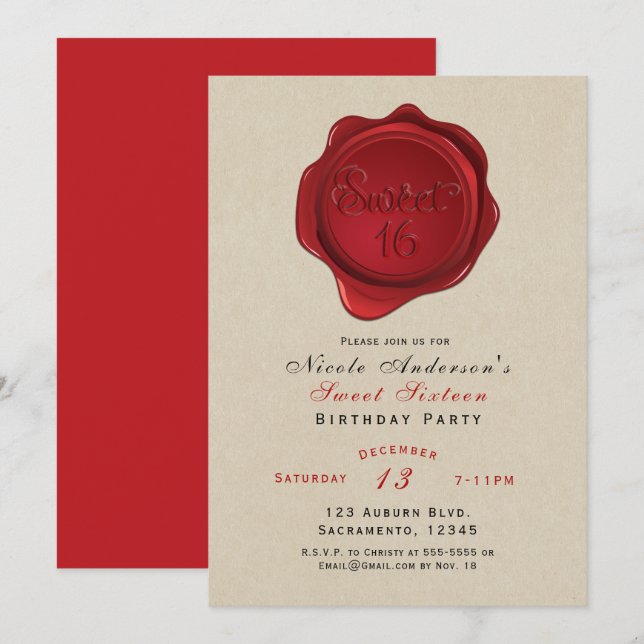 Red Vax Seal Sweet 16 Rustic Kraft Födelsedagsfest Inbjudningar (Fram/baksida)