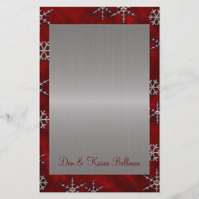 Red Velour & Silver Snöflingor Brevpapper (Framsida)