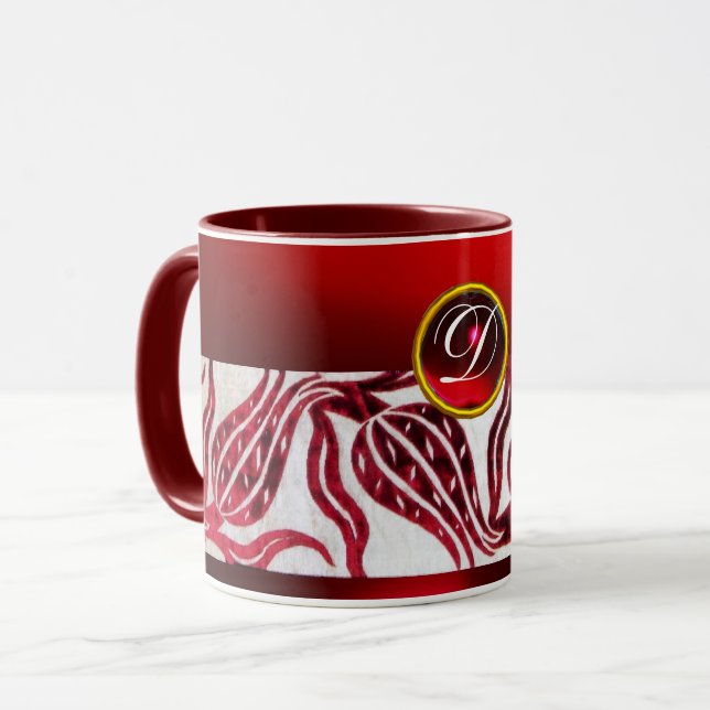 RED VELVET DAMASK TULIP MONOGRAM Burgundy White Mugg (Framsida vänster)