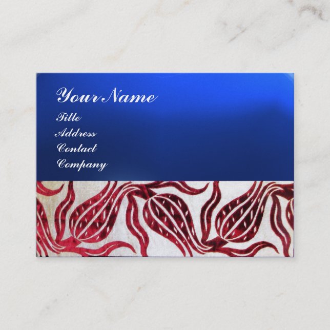 RED VELVET DAMASK TULIPS MONOGRAM Burgundy Blue Visitkort (Framsida)