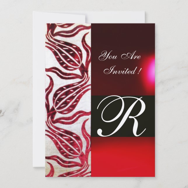 RED VELVET DAMASK TULIPS MONOGRAM Burgundy Guld Inbjudningar (Framsida)