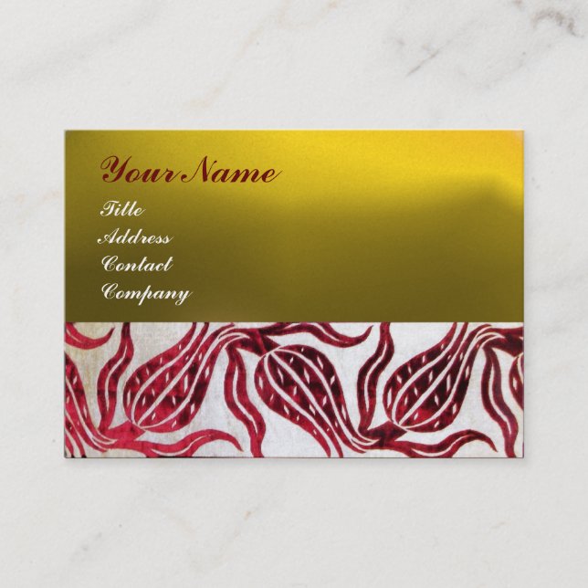 RED VELVET DAMASK TULIPS MONOGRAM Burgundy Gult Visitkort (Framsida)
