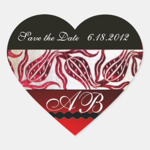 RED VELVET DAMASK TULIPS MONOGRAM Burgundy White Hjärtformat Klistermärke