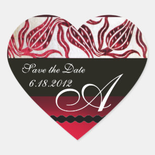 RED VELVET DAMASK TULIPS MONOGRAM Burgundy White Hjärtformat Klistermärke