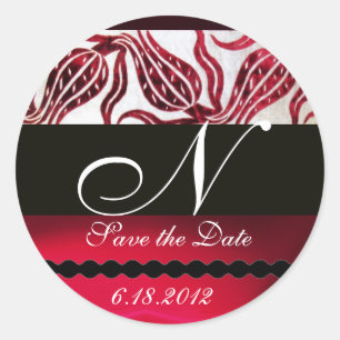 RED VELVET DAMASK TULIPS MONOGRAM Burgundy White Runt Klistermärke