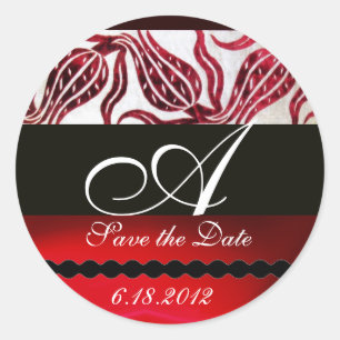 RED VELVET DAMASK TULIPS MONOGRAM Burgundy White Runt Klistermärke