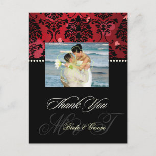 Red Velvet + Hearts Damask Wedding Photo Tack Vykort