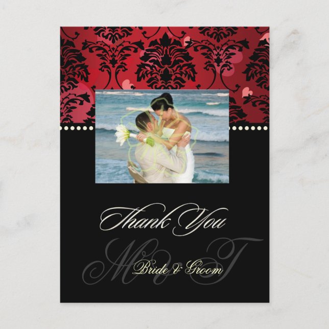 Red Velvet + Hearts Damask Wedding Photo Tack Vykort (Framsida)