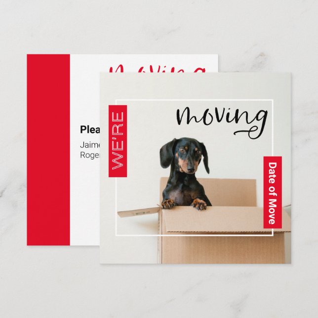 Red Vi är Flytta Dachshund Hund in Box Card Tack Kort (Fram/baksida)