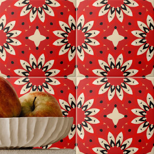 Red Vibrant Blommigt Ethnic Geometric Mosaic Mönst Kakelplatta