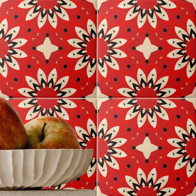 Red Vibrant Blommigt Ethnic Geometric Mosaic Mönst Kakelplatta (Skapare uppladdad)