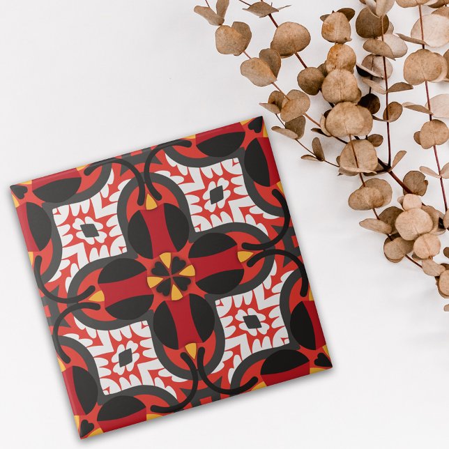 Red Vibrant Ethnic Boho Geometric Mosaic Mönster Kakelplatta (Skapare uppladdad)