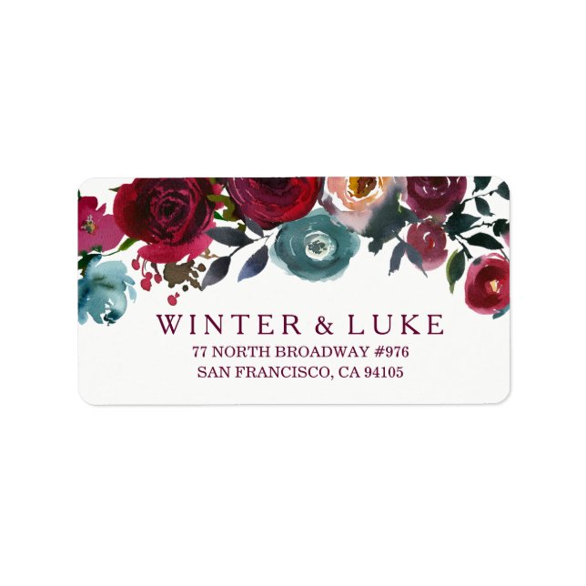 Red Vin Burgundy Blommigt Bröllop Adressetikett (Framsidan)