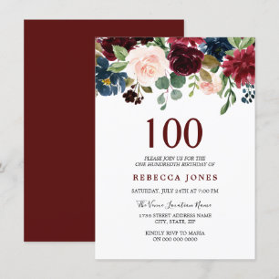 Red Vin Burgundy Flowers 100 Birthday Inbjudan