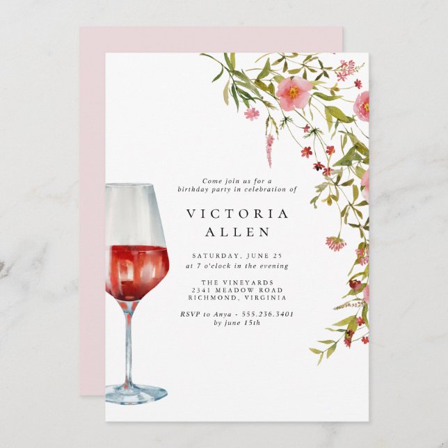 Red Vin | Elegant Rosa Blommigt Kvinnor födelsedag Inbjudningar (Fram/baksida)