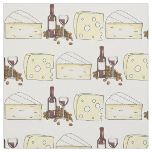 Red Vin Flaska och Brie Swiss Cheese Food Fabric Tyg