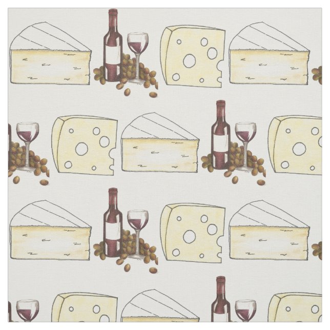 Red Vin Flaska och Brie Swiss Cheese Food Fabric Tyg (Provkarta)