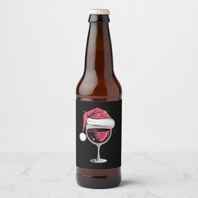Red Vin Glass-jultomten Julafton Ölflaska Etikett (Framsida)