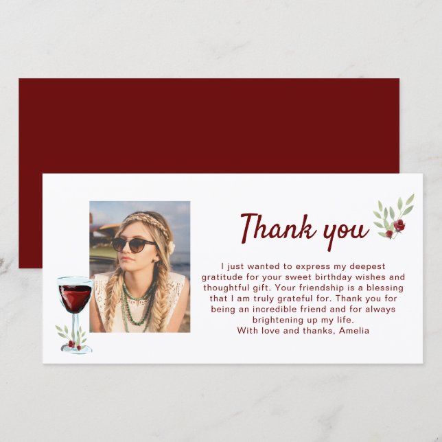 Red Vin Glass Twigs Photo Birthday Tack Kort (Fram/baksida)
