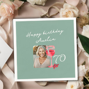 Red Vin Glass Watercolor Födelsedagsfest Photo Pappersservett