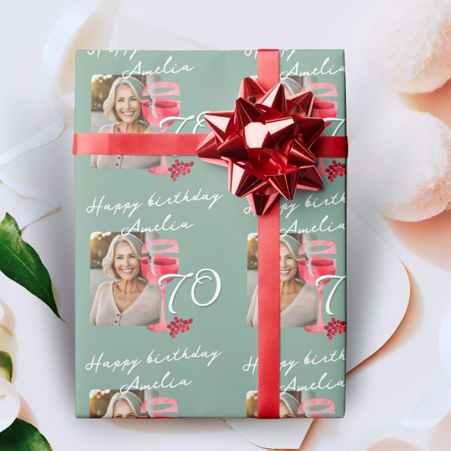 Red Vin Glass Watercolor Födelsedagsfest Photo Presentpapper (Skapare uppladdad)