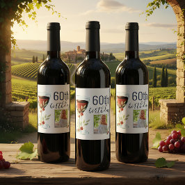 Red Vin Ro Watercolor Photo 60 Birthday Vinflaska Etikett