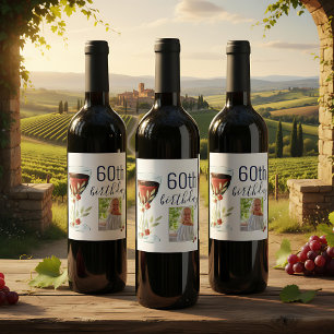 Red Vin Ro Watercolor Photo 60 Birthday Vinflaska Etikett