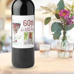 Red Vin Ro Watercolor Photo 60 Birthday Vinflaska Etikett