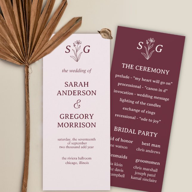 Red Vin Simple Boho Blommigt Bröllopsprogram (Skapare uppladdad)