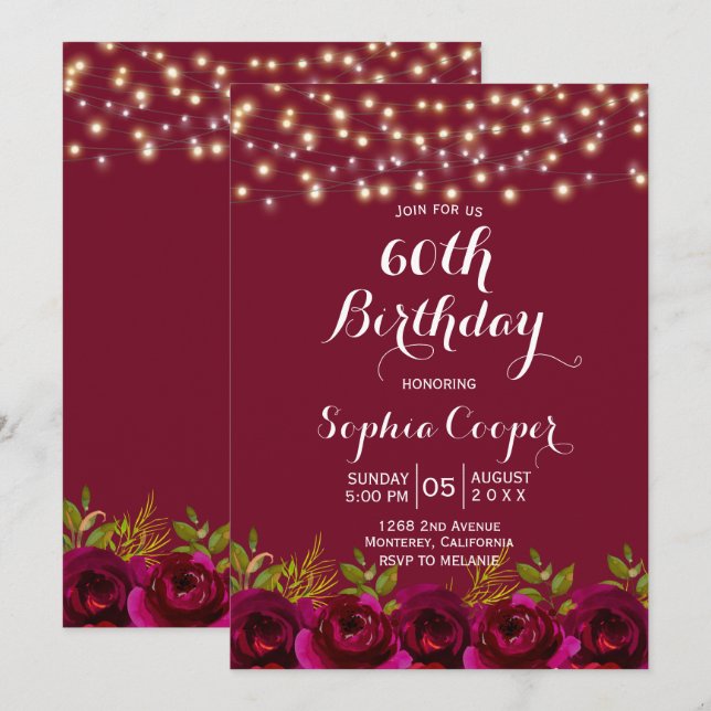 Red Vin String Ljus 60:e Födelsedagsfesten Inbjudningar (Fram/baksida)