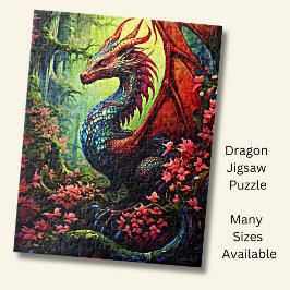 Red Vinge Forest Dragon med Röda blommor Pussel