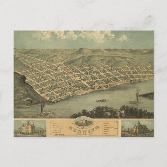 Red Vinge MN 1868 Antique Panoramic Karta Vykort (Framsida)