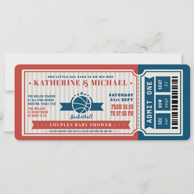 Red Vintage Basketball Biljett Par Baby Shower Inbjudningar (Framsida)
