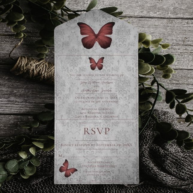 Red Vintage Butterfly Damask Wedding (Red Vintage Butterfly Damask Wedding All in One Invitation)