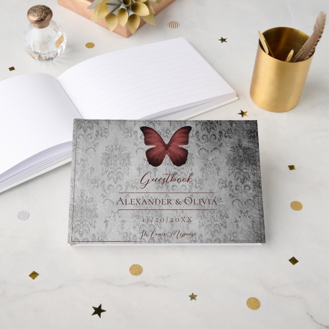 Red Vintage Butterfly Damask Wedding Gästböcker (Framsida öppen)