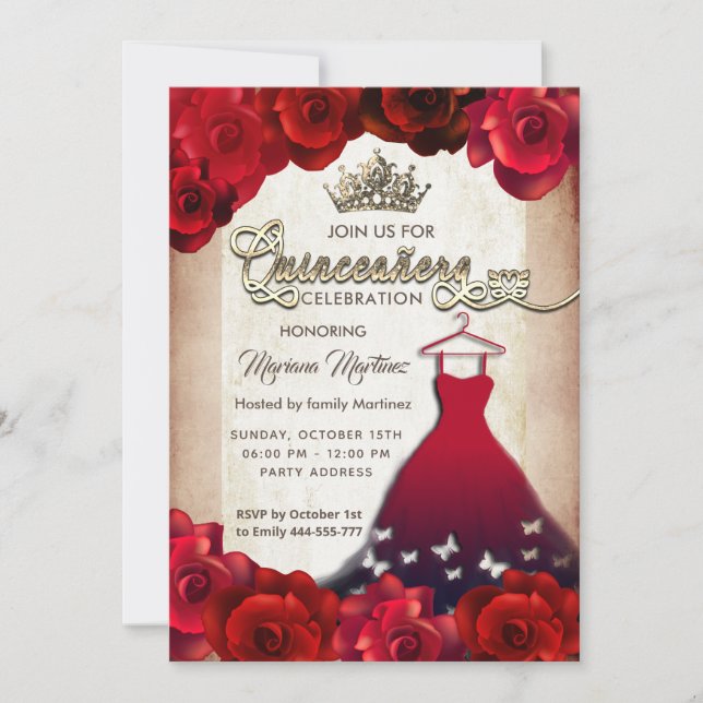 Red vintage butterfly dress ro tiara Quince Inbjudningar (Framsida)