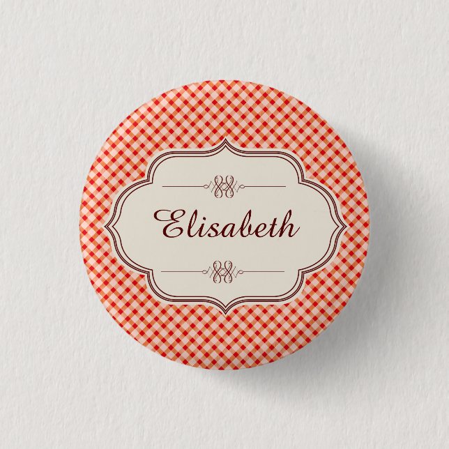 Red vintage gingham calligraphy namn knapp (Framsida)