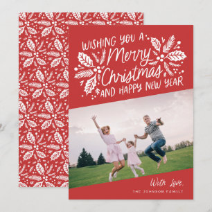 Red Vintage Holly Typography julfoto Julkort