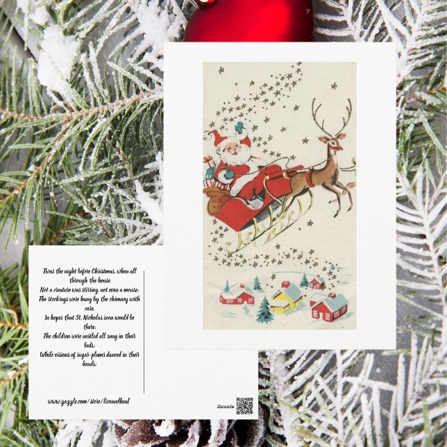 Red Vintage Jultomten Flies Reindeer Stars Vykort (Skapare uppladdad)