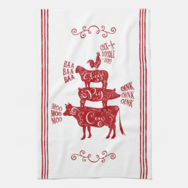 Red Vintage Land Farmhouse Stacks Farm Animal Kökshandduk