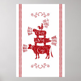 Red Vintage Land Farmhouse Stacks Farm Animal Poster
