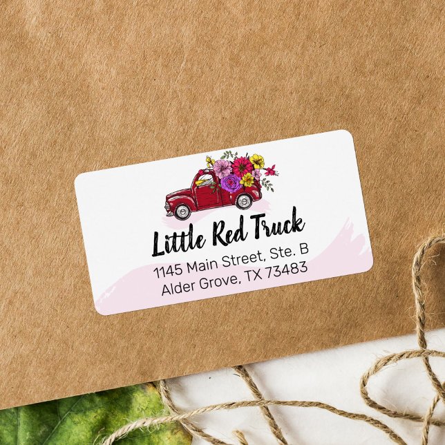Red Vintage Lastbil & Flowers Cute Land Adress Adressetikett (Skapare uppladdad)
