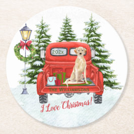 Red Vintage Lastbil Lab Retriever Snö Family Namn Underlägg Papper Rund