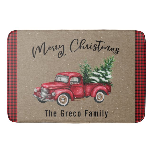 Red Vintage Lastbil med Julgran Bath Mat Badrumsmatta (Framsidan)