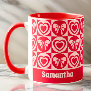 Red Vintage Retro Hearts och Bows Valentines day Mugg