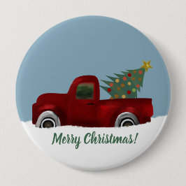 Red vintage Retro Lastbil och Julgran Knapp