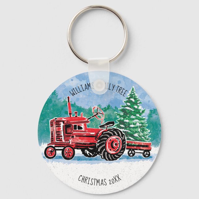 Red Vintage Tractor Julgran Add Namn Nyckelring (Framsida)